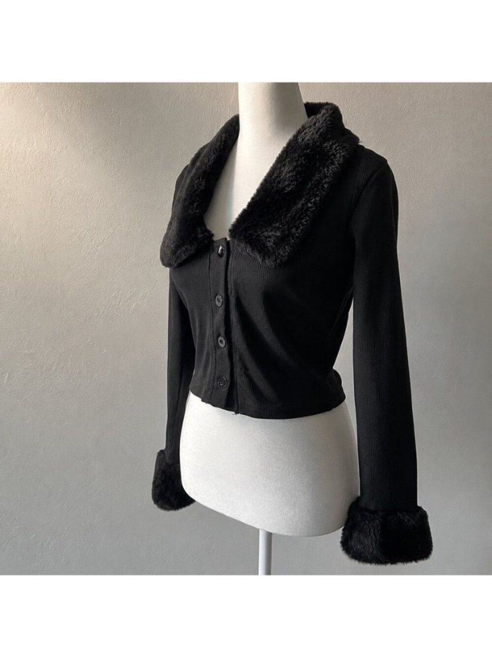 Whimsigoth 90s Black Faux Fur Trim Cropped Penny Lane Cardigan Sweater Y2K Sz S
